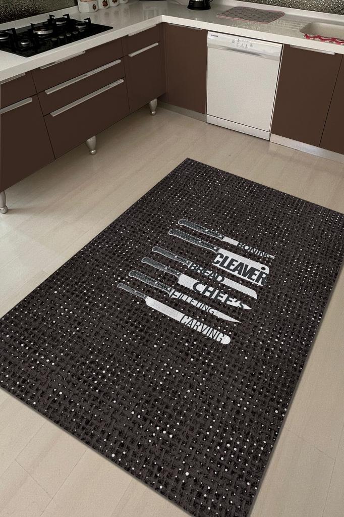Şef Bıcakları Siyah Beyaz Halı Mutfak Temalı Halı Modern Mutfak Halısı Minimal Mutfak Halı