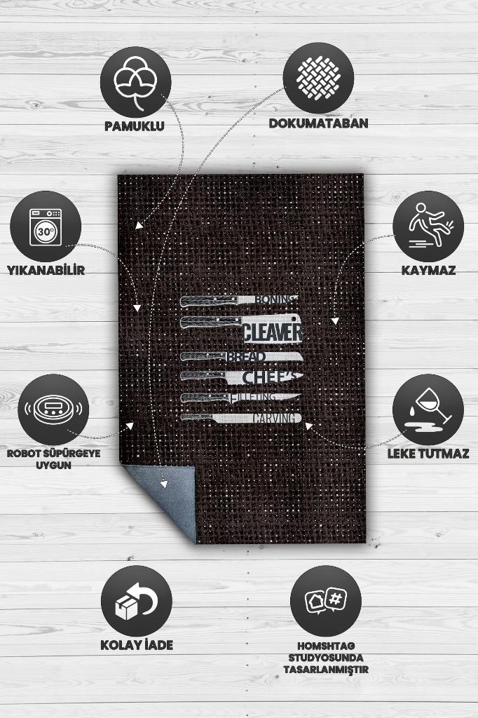 Şef Bıcakları Siyah Beyaz Halı Mutfak Temalı Halı Modern Mutfak Halısı Minimal Mutfak Halı
