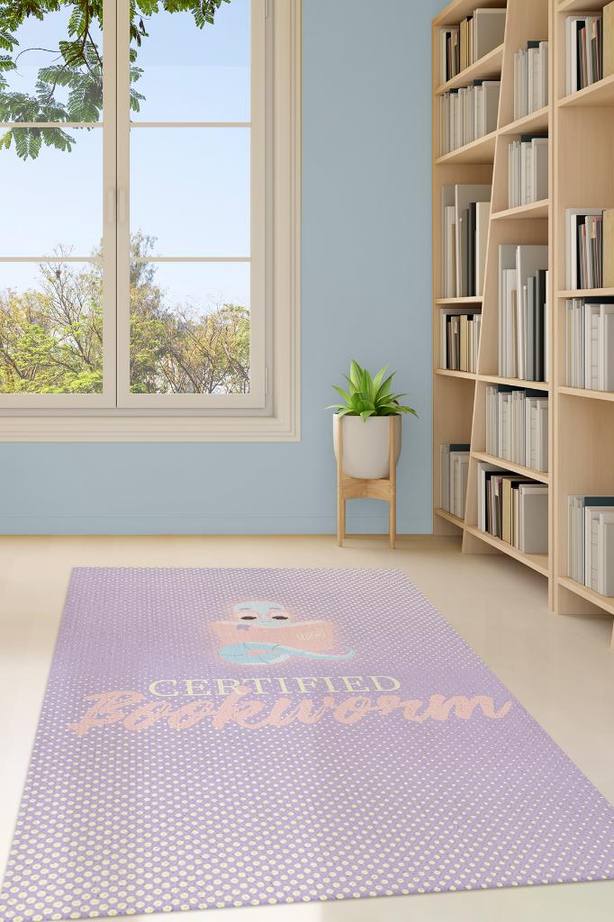 Sertifikalı Kitap Kurdu Mor Renkli Kitap Sever Halısı Okuma Sever Çalışma Odası Halısı