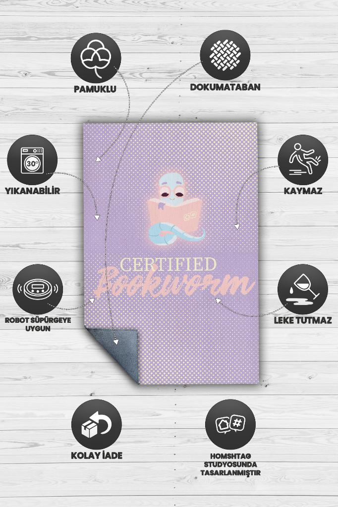 Sertifikalı Kitap Kurdu Mor Renkli Kitap Sever Halısı Okuma Sever Çalışma Odası Halısı