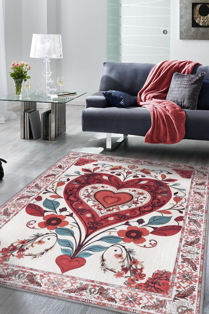 Sevgi Aşk Yer Etnik Desenli Salon Halısı Modern Oturma Odası Halısı Kırmızı Renkli Halı