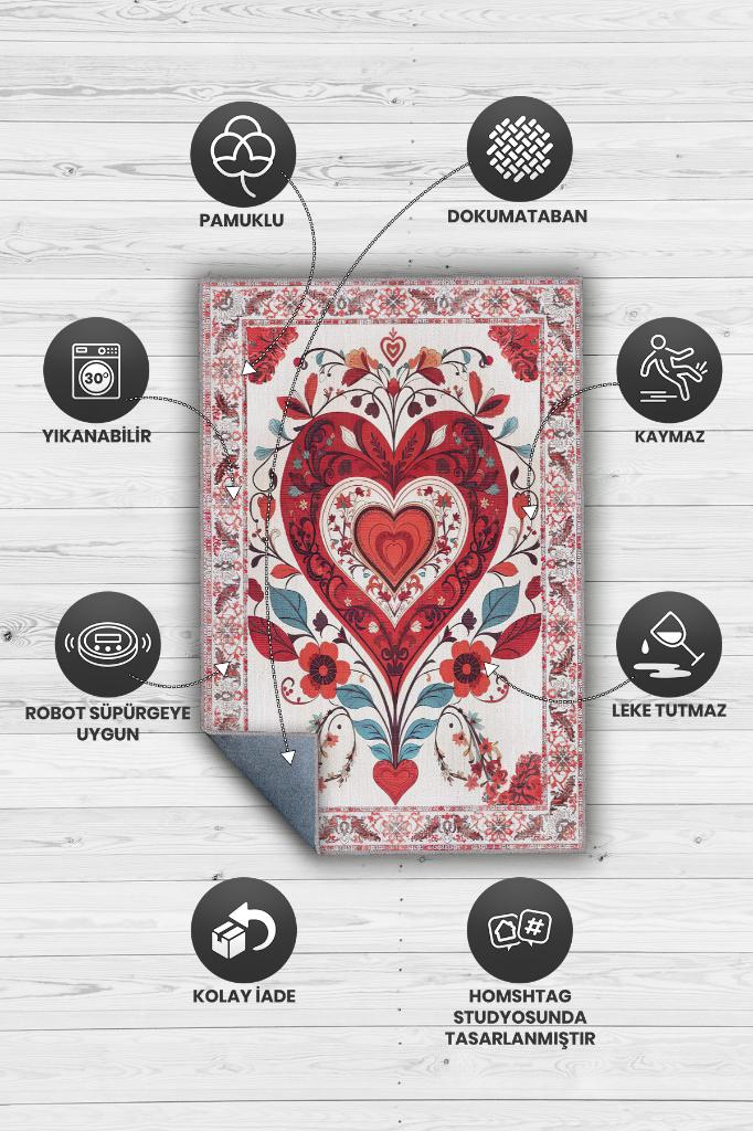 Sevgi Aşk Yer Etnik Desenli Salon Halısı Modern Oturma Odası Halısı Kırmızı Renkli Halı