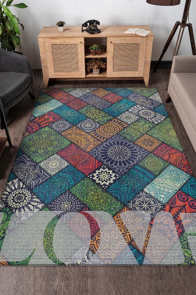 Sevgi Gereken Yer Etnik Desenli Salon Halısı Modern Oturma Odası Halısı Çok Renkli Halı