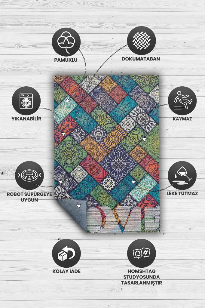 Sevgi Gereken Yer Etnik Desenli Salon Halısı Modern Oturma Odası Halısı Çok Renkli Halı