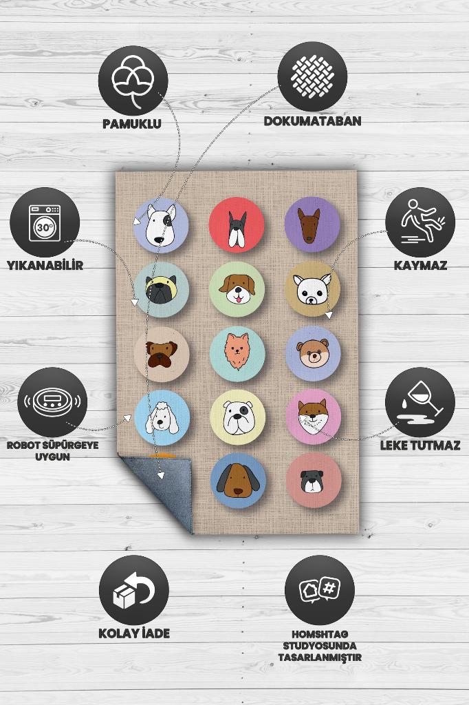 Sevimli Köpekler Bej Renkli Halı Dekoratif Genç Odası Halısı Minimal Salon Halısı