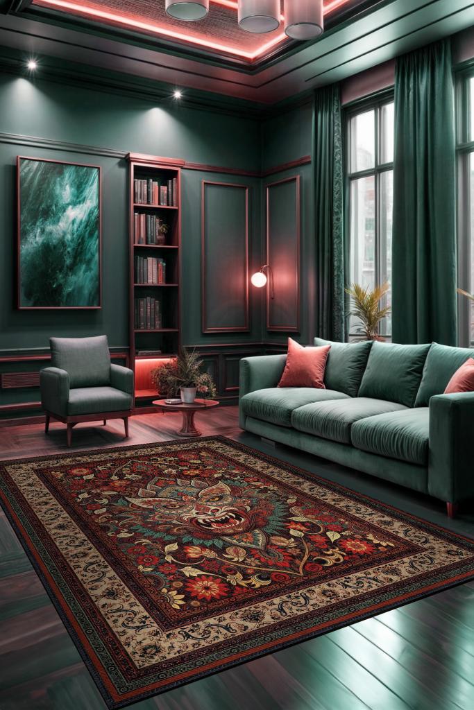 Şeytan Figürlü Korku Temalı Salon Halısı Gotik Çok Renkli Oturma Odası Halı Konsept Halı