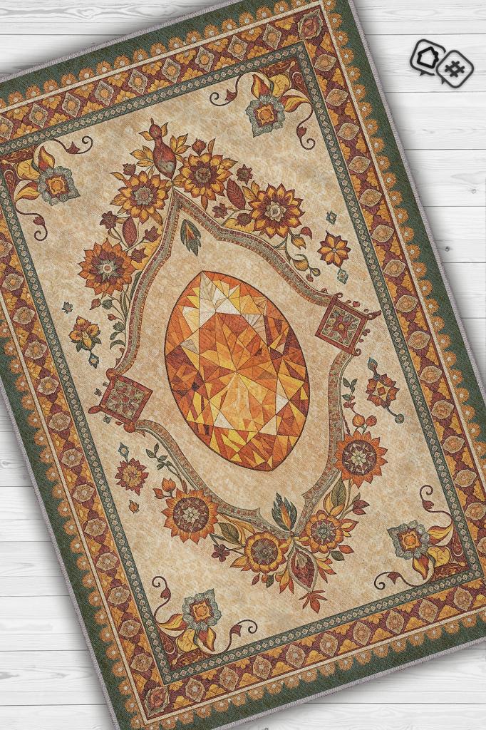 Sitrin Taşı Halısı Turuncu Renkli Enerji Taşı Figürlü Halı Spiritüel Temalı Modern Halı