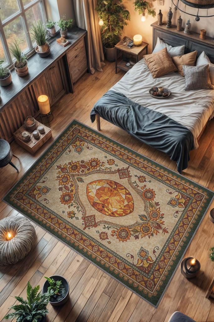 Sitrin Taşı Halısı Turuncu Renkli Enerji Taşı Figürlü Halı Spiritüel Temalı Modern Halı