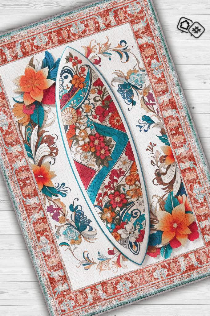 Sörf Tahtası Desenli Halı Kırmızı Siyah Renkli Halı Uzakdoğu Spor Hediyelik Halı Spor Sever Halı