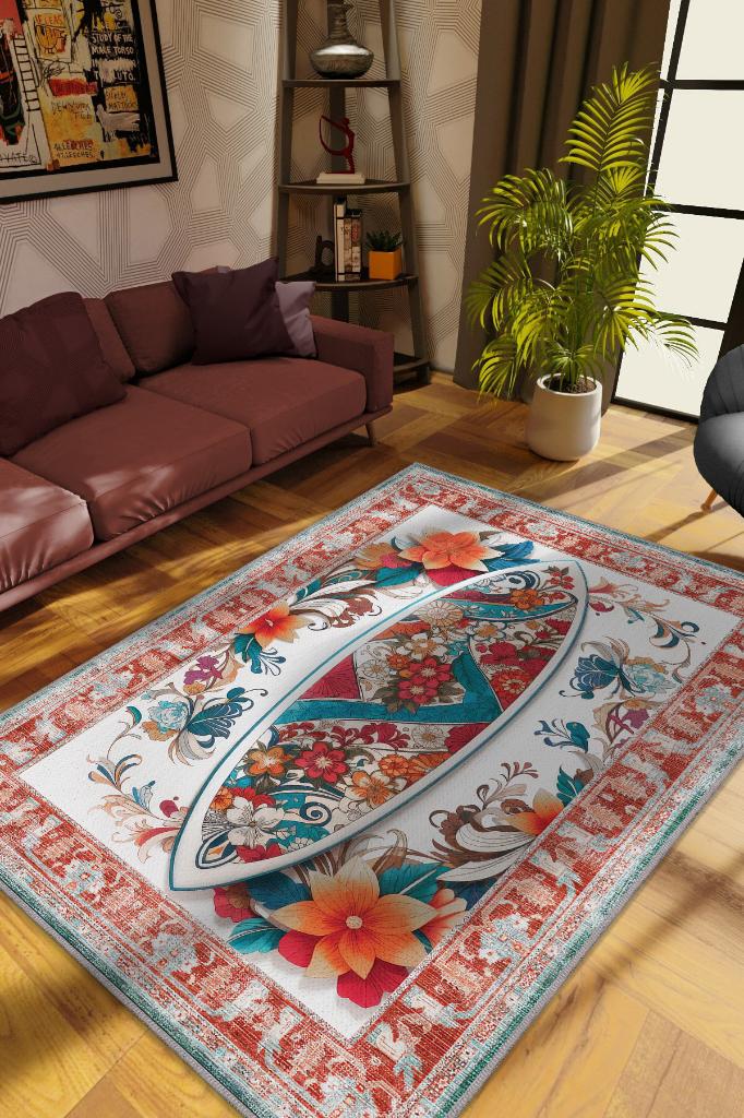 Sörf Tahtası Desenli Halı Kırmızı Siyah Renkli Halı Uzakdoğu Spor Hediyelik Halı Spor Sever Halı