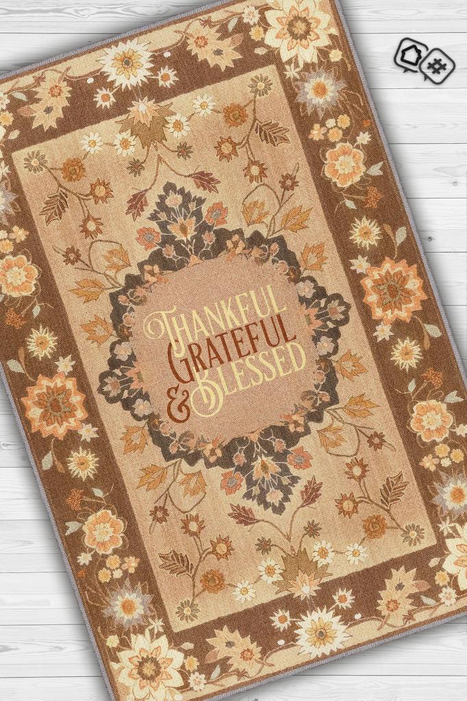 Şükran ve Minnet Etnik Temalı Dijital Baskılı Halı Çiçek Desenli Çok Renkli Salon Halısı