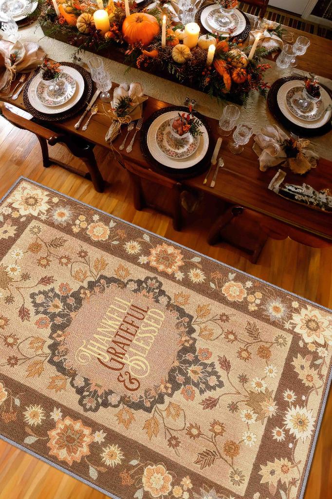 Şükran ve Minnet Etnik Temalı Dijital Baskılı Halı Çiçek Desenli Çok Renkli Salon Halısı