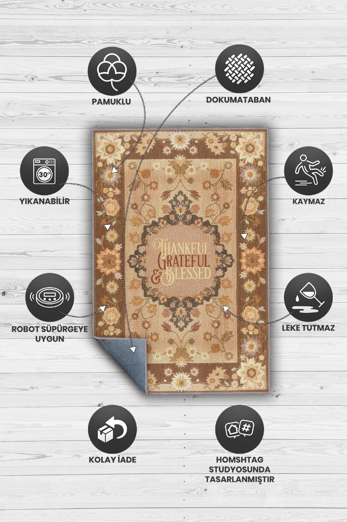 Şükran ve Minnet Etnik Temalı Dijital Baskılı Halı Çiçek Desenli Çok Renkli Salon Halısı