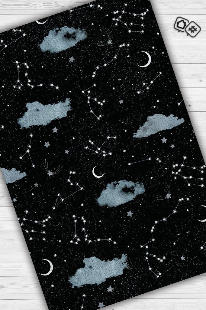 Takım Yıldızı Siyah Koyu Renkli Salon Halısı Bulut ve Gökyüzü Temalı Genç Odası Halıs