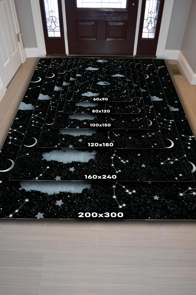 Takım Yıldızı Siyah Koyu Renkli Salon Halısı Bulut ve Gökyüzü Temalı Genç Odası Halıs