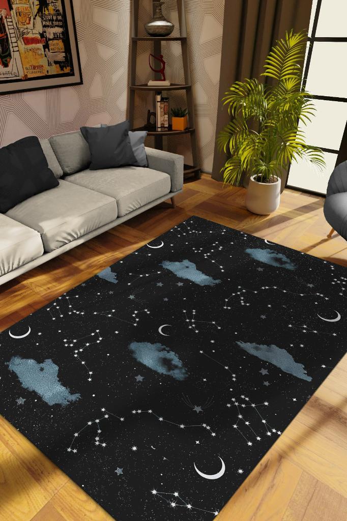 Takım Yıldızı Siyah Koyu Renkli Salon Halısı Bulut ve Gökyüzü Temalı Genç Odası Halıs