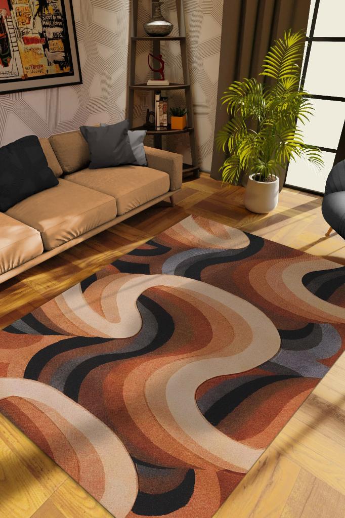 Toprak Tonları, Soyut Salon Halısı, Renk Geçişli Oturma Odası Halısı, Pamuklu Dokuma Tabanlı Yıkanabilir Dekoratif Halı