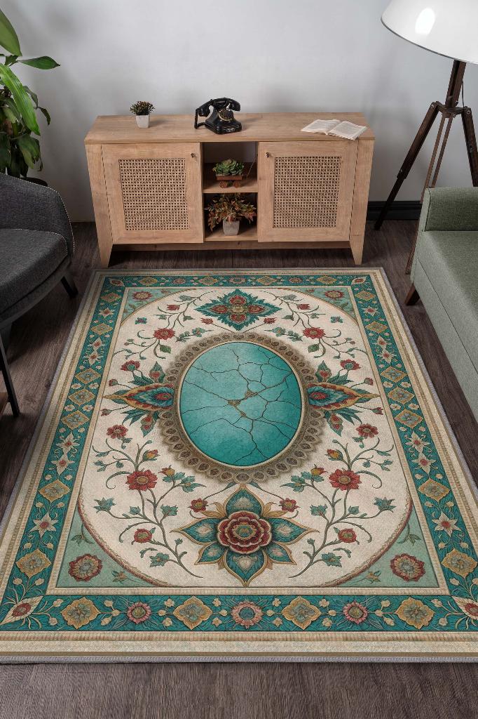 Turkuaz Taşı Halısı Yeşil Turkuaz Renkli Aura Taşı Enerji Spiritüel Temalı Modern Halı