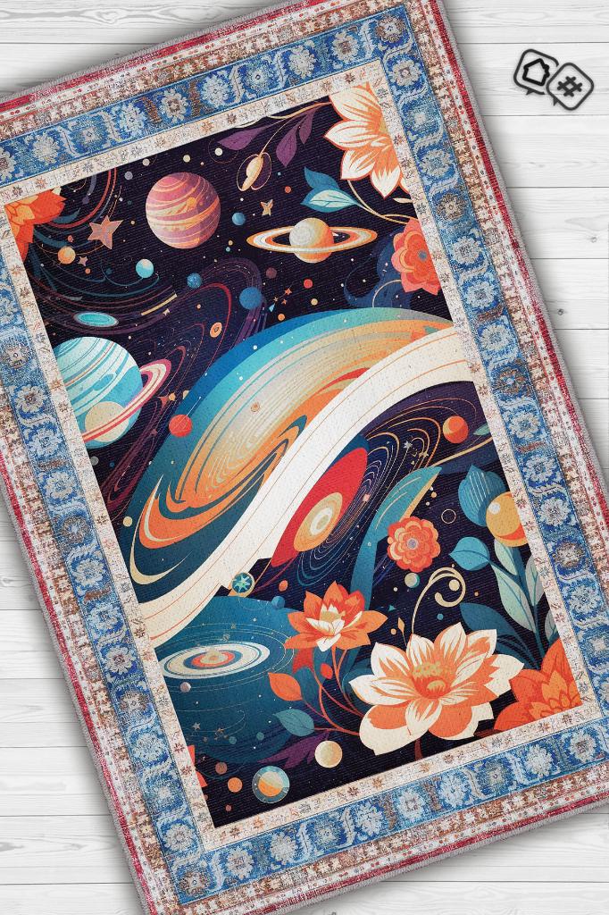 Uzay Temalı Çok Renkli Salon Halısı Hippie Ev Dekoru İndie Oda Dekoru Oturma Odası Halısı