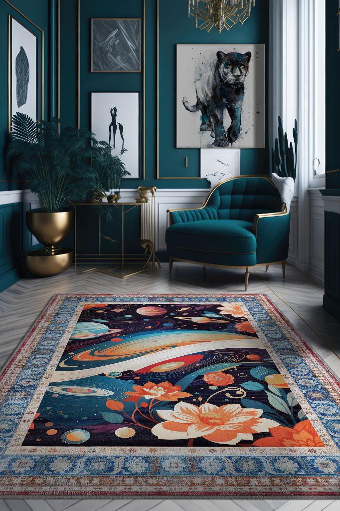 Uzay Temalı Çok Renkli Salon Halısı Hippie Ev Dekoru İndie Oda Dekoru Oturma Odası Halısı