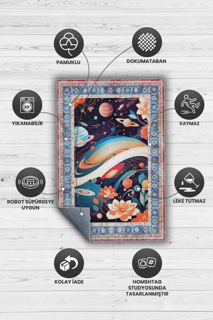 Uzay Temalı Çok Renkli Salon Halısı Hippie Ev Dekoru İndie Oda Dekoru Oturma Odası Halısı