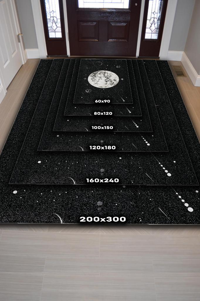 Uzayda Ay Siyah Renkli Salon Halısı Gökyüzü Temalı Genç Odası Halısı Koyu Renkli Halı