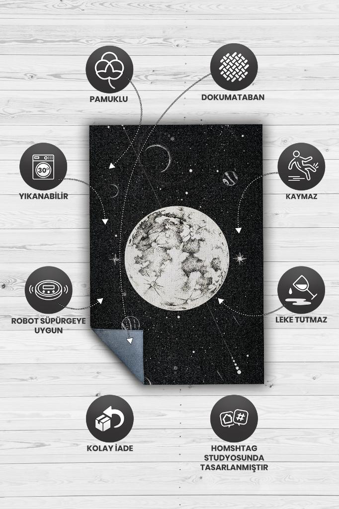 Uzayda Ay Siyah Renkli Salon Halısı Gökyüzü Temalı Genç Odası Halısı Koyu Renkli Halı