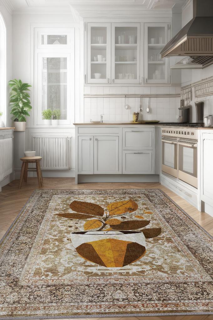 Vintage Kahve,Pastel Renkli Vintage Oturma Odası,Pamuklu Dokuma Tabanlı Yıkanabilir Kahvesever Halısı