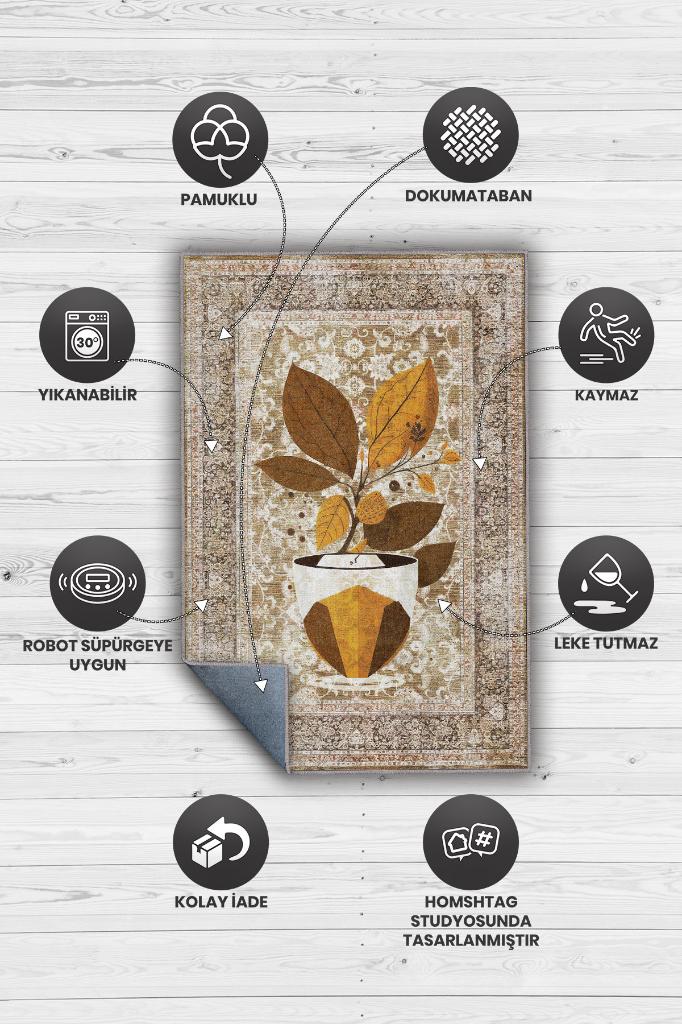 Vintage Kahve,Pastel Renkli Vintage Oturma Odası,Pamuklu Dokuma Tabanlı Yıkanabilir Kahvesever Halısı