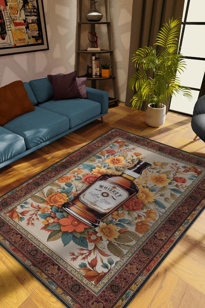 Viski Temalı İsimli Kişiye Özel İsim Yazılabilen 14 Şubat Seviliye Özel Halı Çiçekli Halı