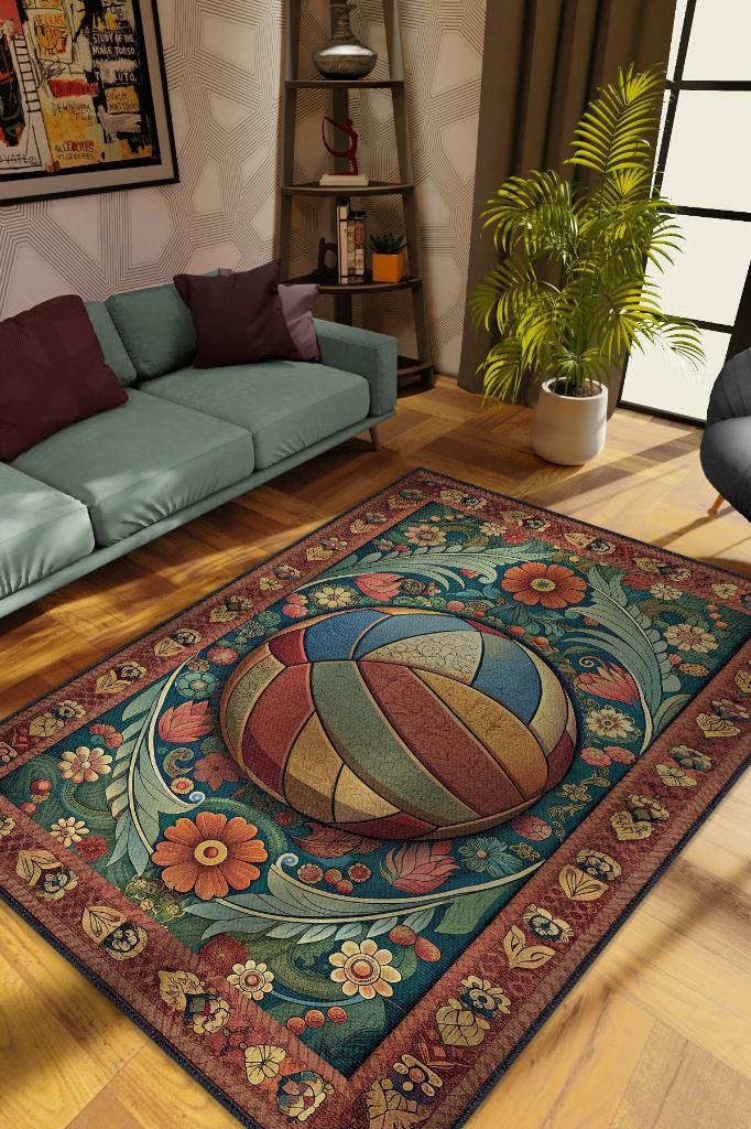 Voleybol Desenli Halı Çok Renkli Halı Spor Severe Hediye Halı Spor Sever İçin Çiçekli Halı