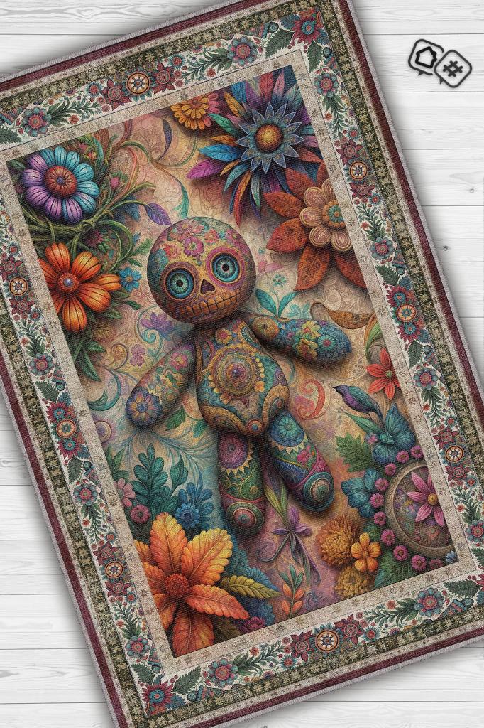 Voodoo Bebeği Figürlü Korku Temalı Salon Halı Koyu Renkli Halı Gotik Korku Sanatı Halısı