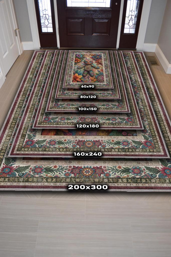 Voodoo Bebeği Figürlü Korku Temalı Salon Halı Koyu Renkli Halı Gotik Korku Sanatı Halısı