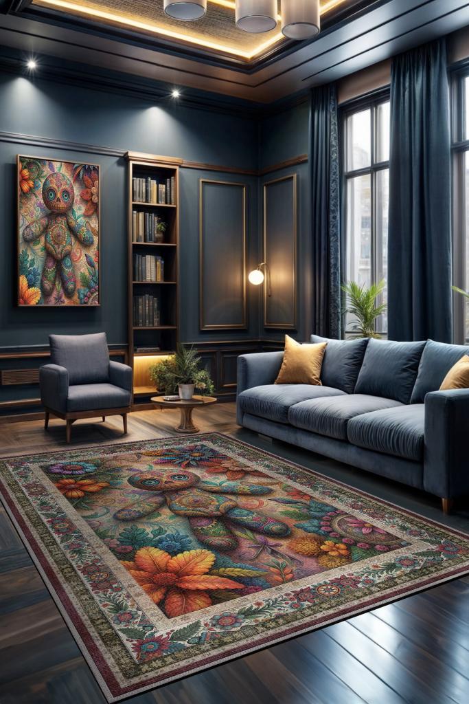 Voodoo Bebeği Figürlü Korku Temalı Salon Halı Koyu Renkli Halı Gotik Korku Sanatı Halısı