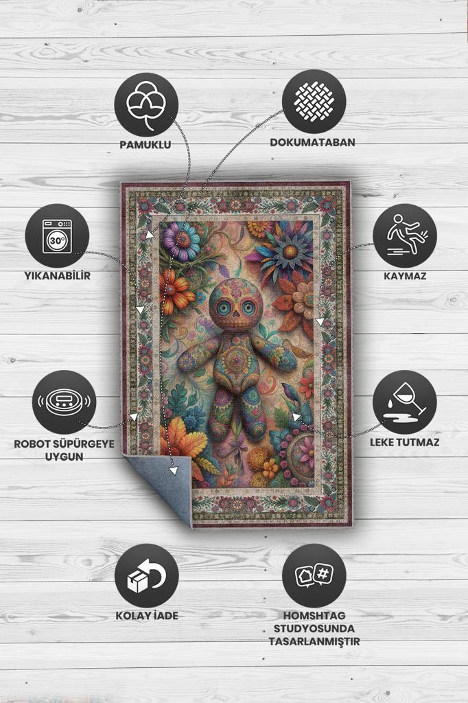 Voodoo Bebeği Figürlü Korku Temalı Salon Halı Koyu Renkli Halı Gotik Korku Sanatı Halısı