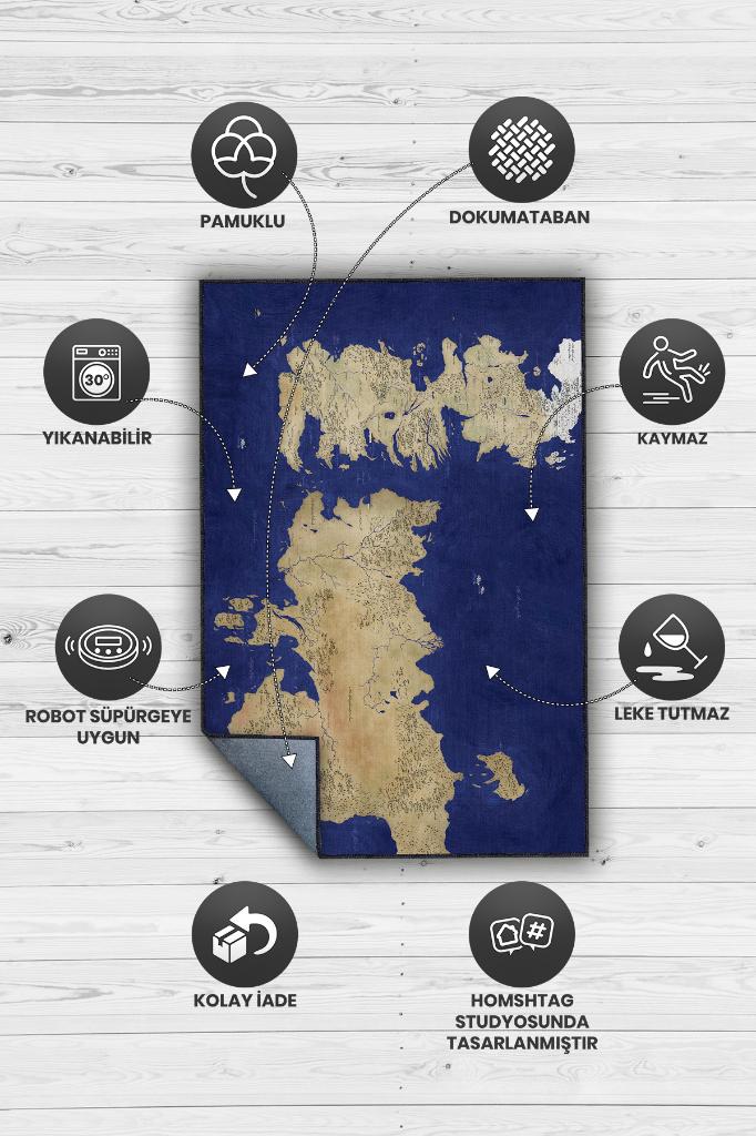 Westeros,Mavi Harita Desenli Modern,Pamuklu Dokuma Tabanlı Yıkanabilir Renkli Game Of Thrones Film Sever Halısı