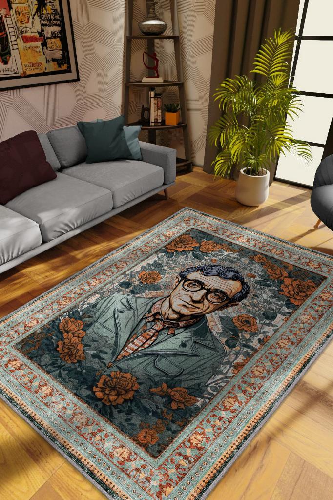 Woody Allen ,Modern Çiçek Desenli Art Deco Vintage Halı,Çok Renkli Maksimalist Halı