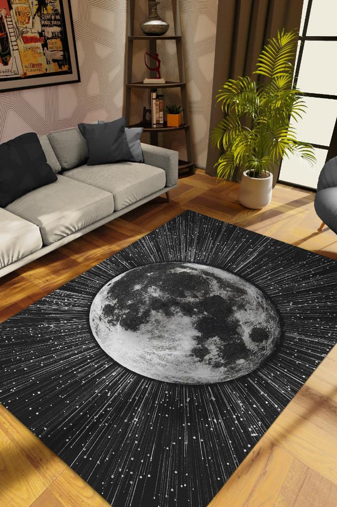 Yansıtan Siyah Renkli Salon Halısı Gökyüzü Temalı Genç Odası Halısı Koyu Renkli Halı