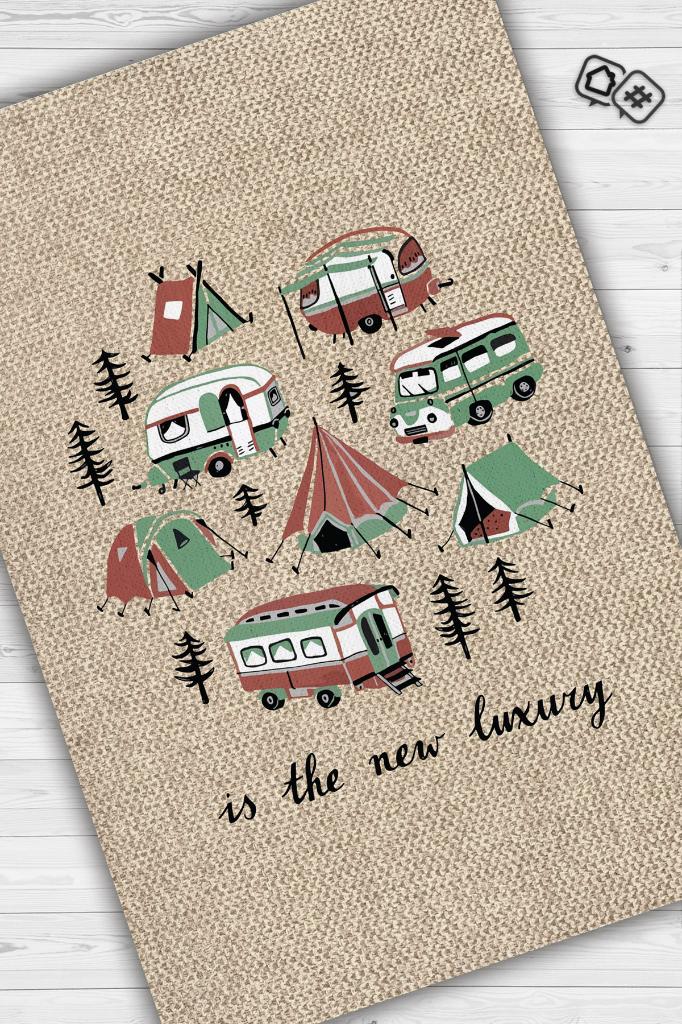 Yeni Lüks, Karavan Halısı, Kamp Hayatı Desenli Bej Halı, Çadır Halısı, Kampçı Halısı, Seyahat Temalı Halı, Pamuklu Dokuma Tabanlı Yıkanabilir Dekoratif Halı