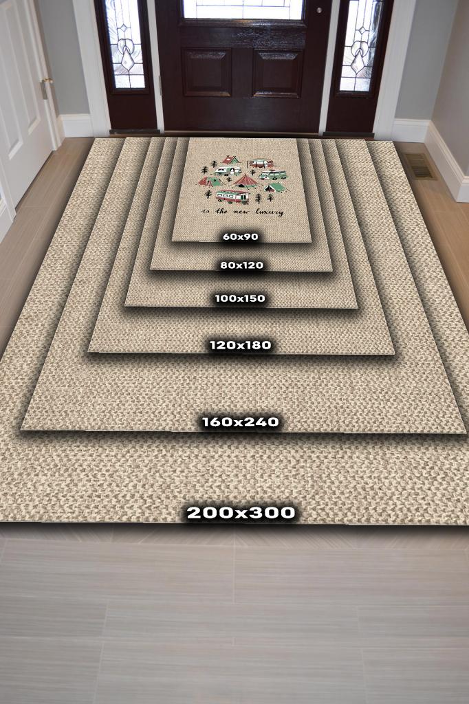 Yeni Lüks, Karavan Halısı, Kamp Hayatı Desenli Bej Halı, Çadır Halısı, Kampçı Halısı, Seyahat Temalı Halı, Pamuklu Dokuma Tabanlı Yıkanabilir Dekoratif Halı