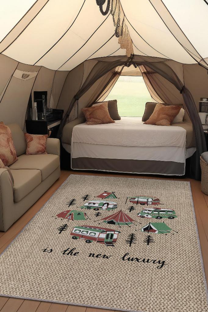 Yeni Lüks, Karavan Halısı, Kamp Hayatı Desenli Bej Halı, Çadır Halısı, Kampçı Halısı, Seyahat Temalı Halı, Pamuklu Dokuma Tabanlı Yıkanabilir Dekoratif Halı