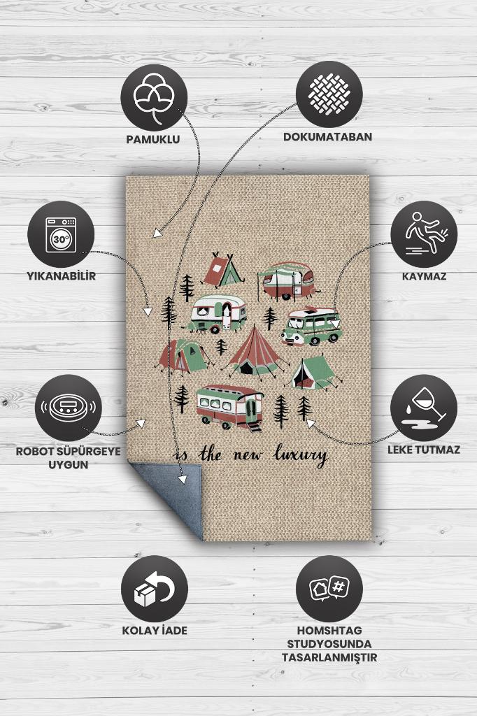 Yeni Lüks, Karavan Halısı, Kamp Hayatı Desenli Bej Halı, Çadır Halısı, Kampçı Halısı, Seyahat Temalı Halı, Pamuklu Dokuma Tabanlı Yıkanabilir Dekoratif Halı