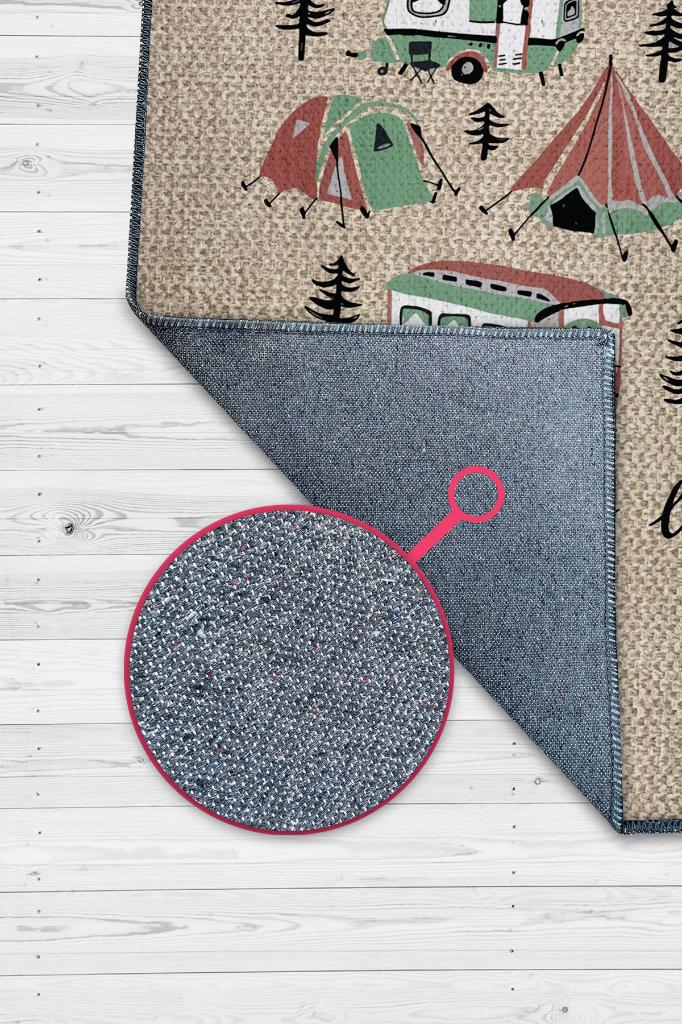 Yeni Lüks, Karavan Halısı, Kamp Hayatı Desenli Bej Halı, Çadır Halısı, Kampçı Halısı, Seyahat Temalı Halı, Pamuklu Dokuma Tabanlı Yıkanabilir Dekoratif Halı