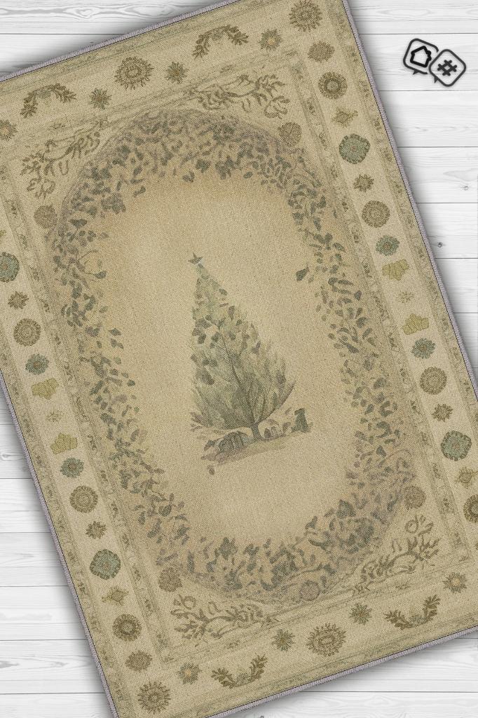 Yeni Yıl Temalı Halı Bej Renkli Yeni Yıl Parti Halısı Minimal Yılbaşı Temalı Hediyelik Halı