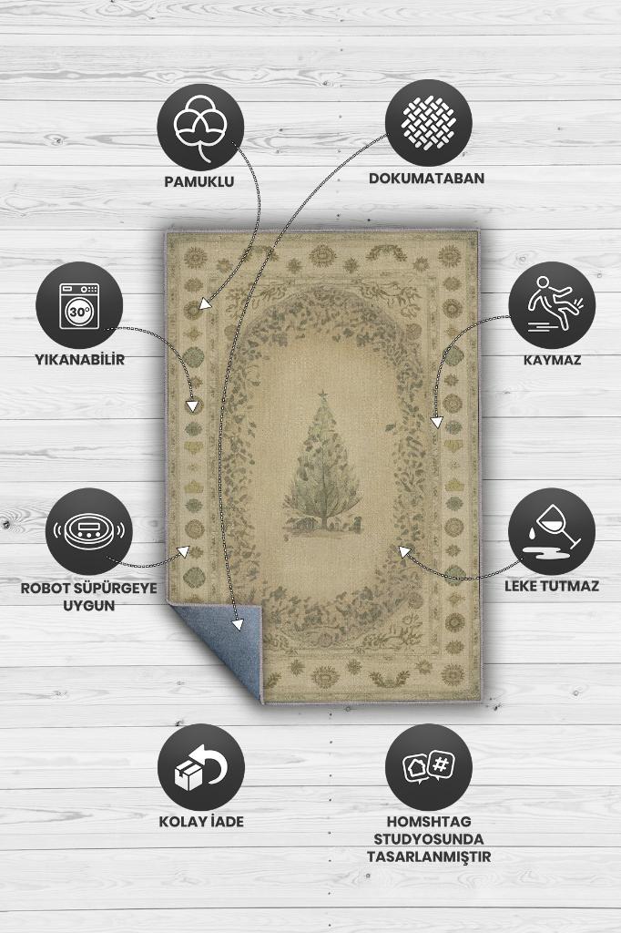 Yeni Yıl Temalı Halı Bej Renkli Yeni Yıl Parti Halısı Minimal Yılbaşı Temalı Hediyelik Halı