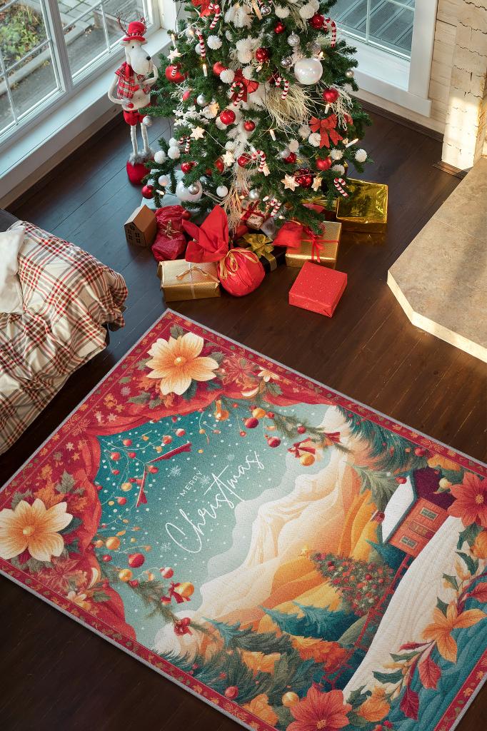 Yeni Yıl Temalı Halı Çok Renkli Yeni Yıl Parti Halısı Yılbaşı Temalı Hediyelik Halı