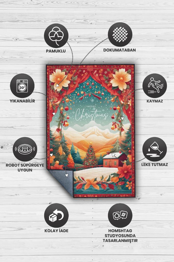 Yeni Yıl Temalı Halı Çok Renkli Yeni Yıl Parti Halısı Yılbaşı Temalı Hediyelik Halı