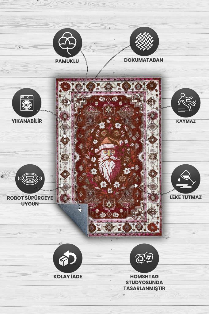 Yeni Yıl Temalı Halı Kırmızı Renkli Yeni Yıl Parti Halısı Etnik Desenli Yılbaşı Temalı Halı