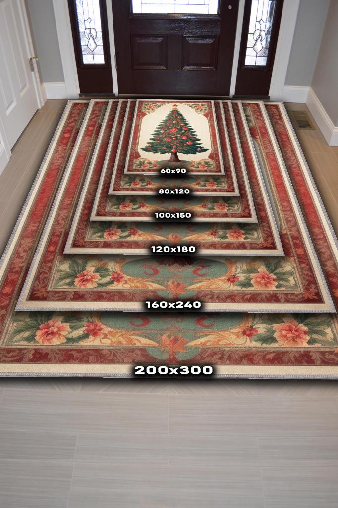 Yeni Yıl Temalı Halı Krem Kırmızı Renkli Yeni Yıl Parti Halısı Yılbaşı Ağacı Hediyelik Halı