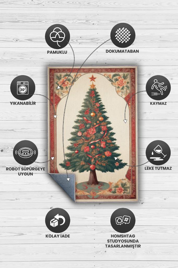 Yeni Yıl Temalı Halı Krem Kırmızı Renkli Yeni Yıl Parti Halısı Yılbaşı Ağacı Hediyelik Halı